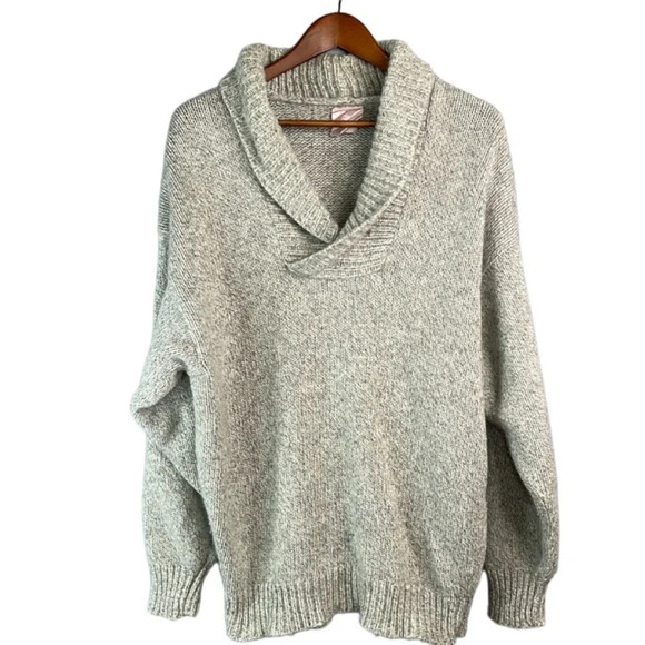 VINTAGE Men’s Hand Knit Grey 100% Wool Shawl Collar Sweater Coastal Size L - Picture 2 of 10